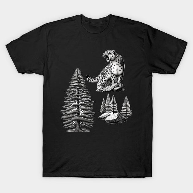 Mountain Majesty: Fir, Granite, and Roaring Leopard T-Shirt by encyclo